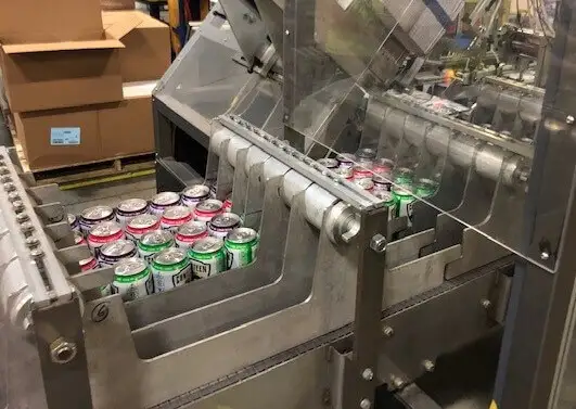 a production line filled with cans