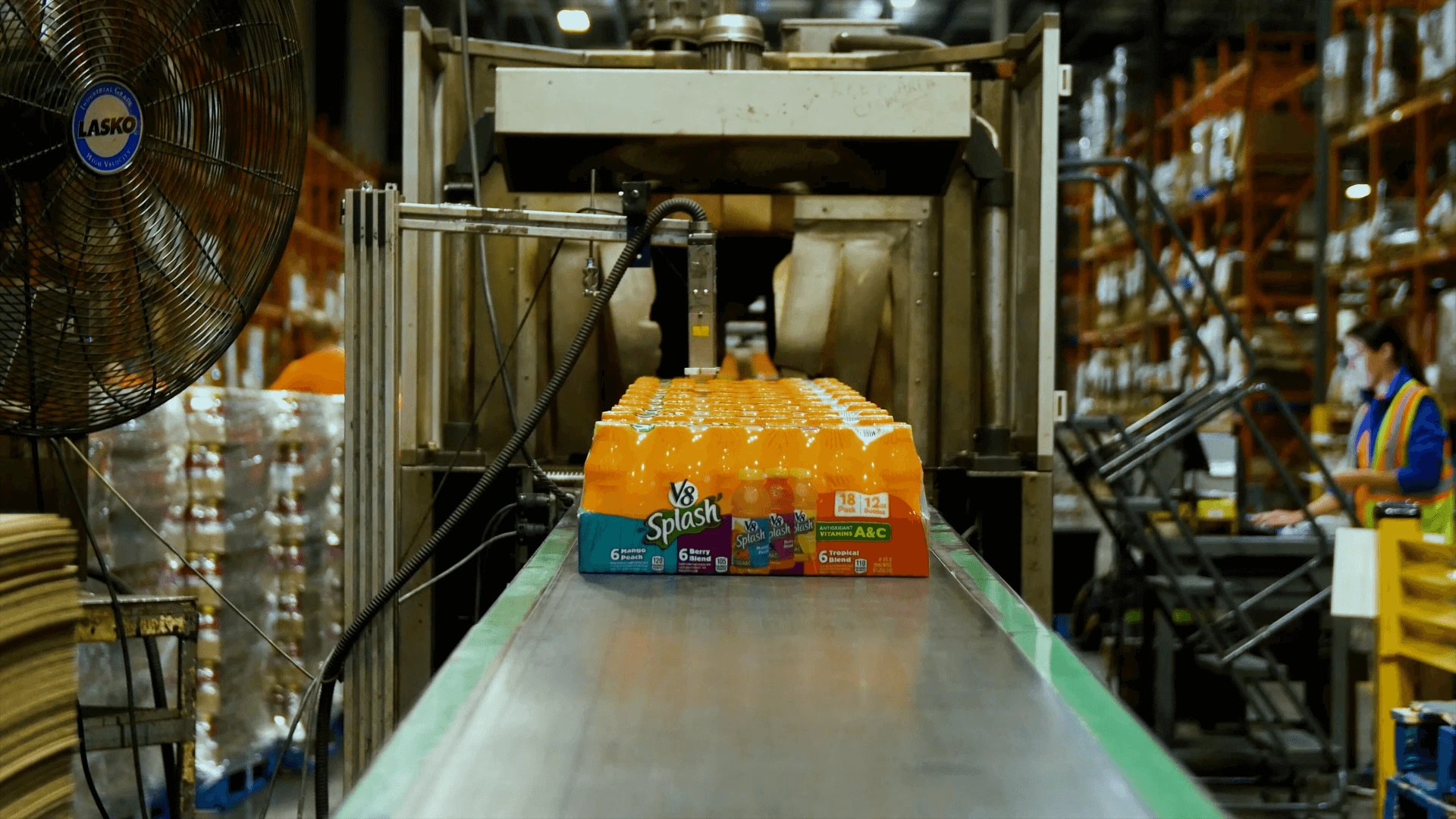 Package of V8 juice being packaged and processed on product line