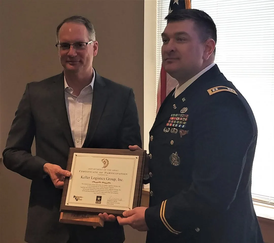 Keller Logistics Group is presented with a Department of the Army Certificate of Participation